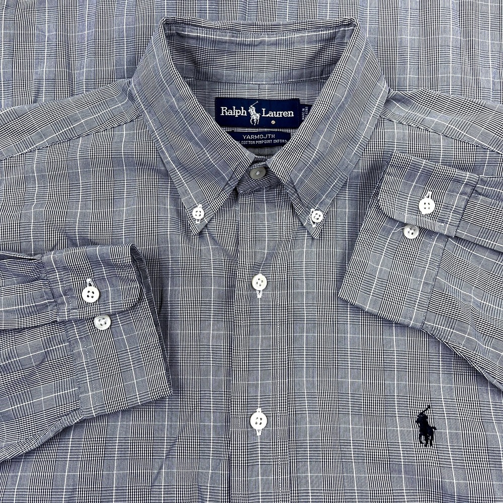 Ralph Lauren Shirt Men 16 32 Black Button Up Yarmouth Houndstooth Plaid Pinpoint